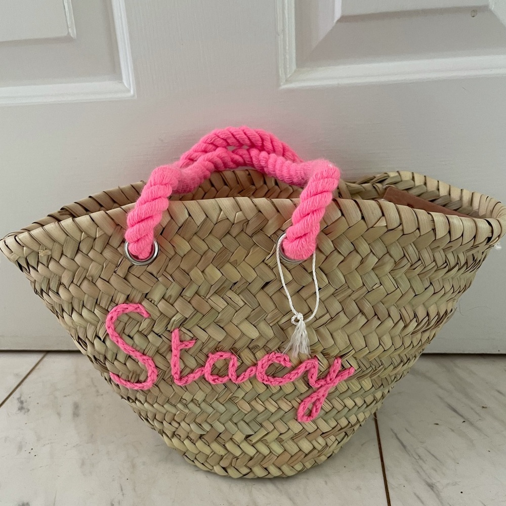 Tan and Pink Woven Straw Tote Bag with Rope Handle